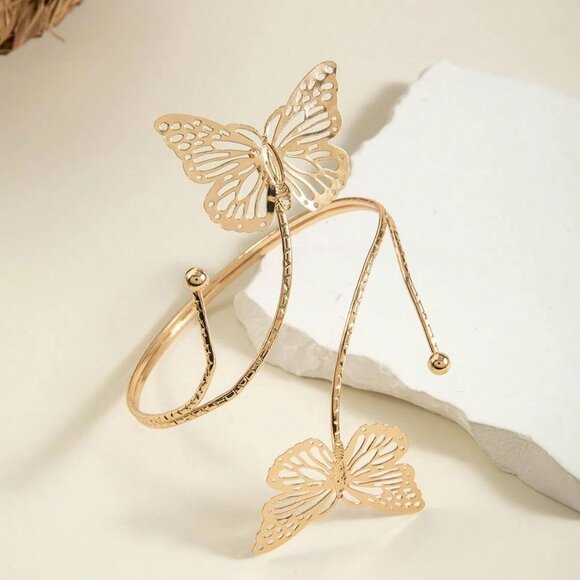 Elegant Gold Butterfly Cuff Bracelet - Adjustable Floral Arm Jewelry for Women - Picture 5 of 9